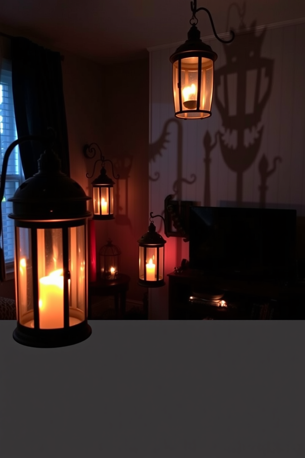 Eerie lanterns with flickering lights cast haunting shadows across the walls of a small living room. The space is adorned with dark, rich colors and spooky decor, creating an unsettling yet inviting atmosphere for Halloween.