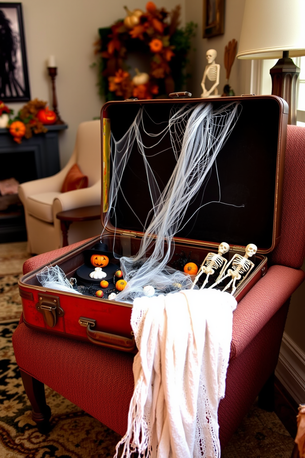 A vintage suitcase is opened and filled with spooky decor items like cobwebs, plastic spiders, and mini skeletons. The suitcase is placed on a cozy armchair in a small living room, surrounded by autumn-themed decorations and soft, dim lighting.