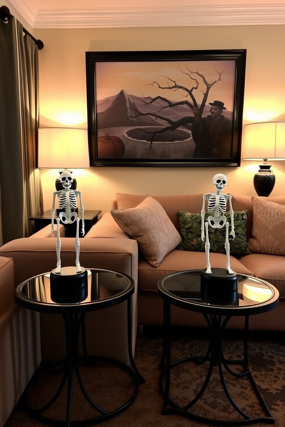 Skeleton figurines are artistically placed on stylish side tables, adding a playful and spooky touch to the decor. The small living room features a cozy arrangement of plush seating, with warm lighting creating an inviting atmosphere for Halloween festivities.