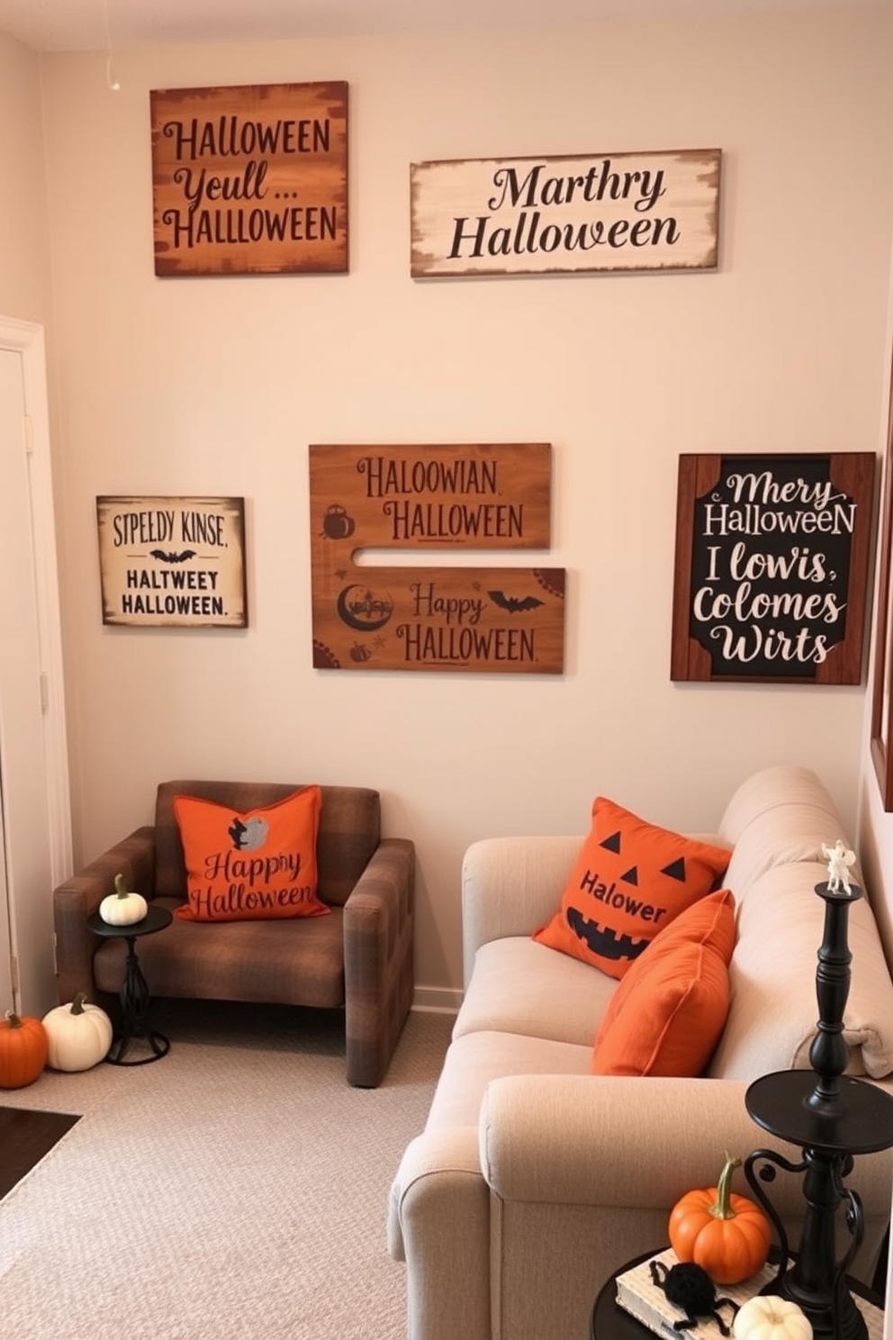 Charming wooden signs adorned with whimsical Halloween quotes are scattered throughout the space. The signs feature playful fonts and rustic finishes, adding a festive touch to the decor. In the small living room, cozy seating arrangements invite relaxation, complemented by autumn-themed throw pillows. Soft lighting creates a warm ambiance, while decorative pumpkins and spooky accents enhance the Halloween spirit.