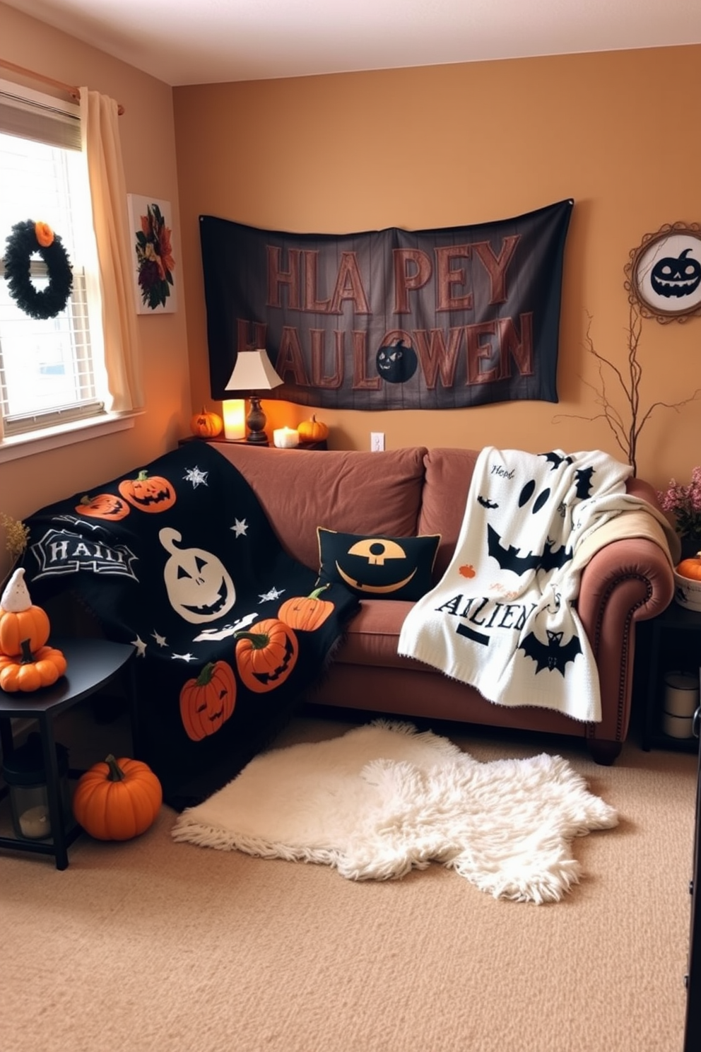 A cozy small living room adorned with Halloween-themed throw blankets draped over a plush sofa. The room features a warm color palette with pumpkins and ghost decorations strategically placed around the space.