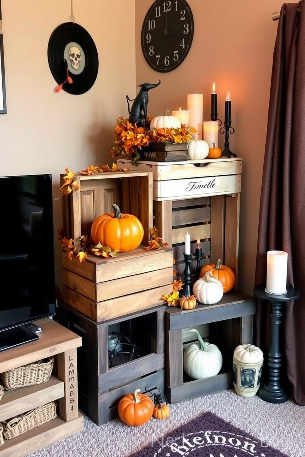 A cozy small living room featuring rustic wooden crates used creatively to display Halloween decor. The crates are stacked in a corner, adorned with pumpkins, autumn leaves, and spooky candles, creating a warm and inviting atmosphere.