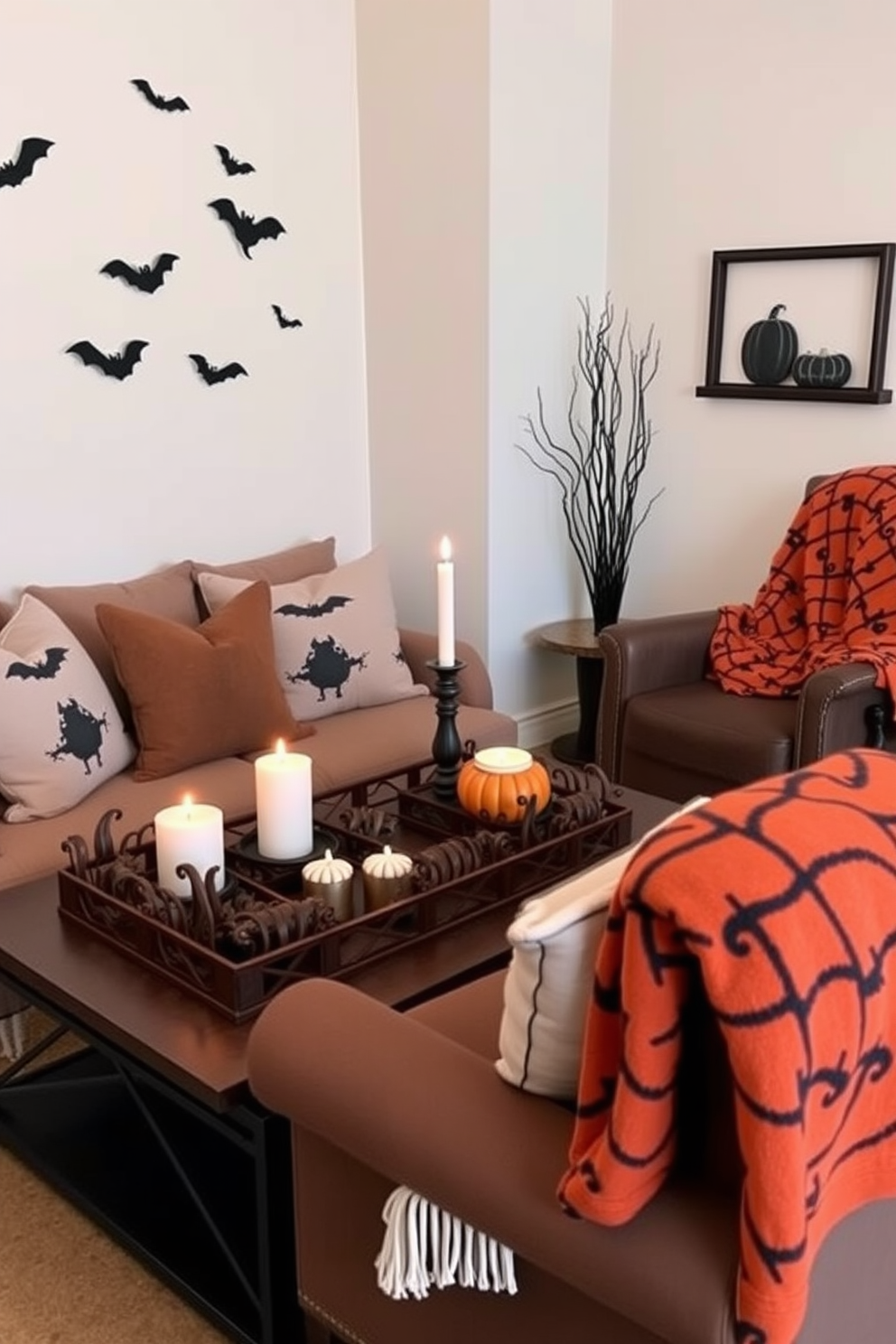 A small living room decorated for Halloween features a warm and inviting atmosphere. Seasonal scented candles are strategically placed on a coffee table surrounded by plush pillows and a soft throw blanket. The walls are adorned with subtle Halloween-themed decor such as silhouettes of bats and pumpkins. A cozy armchair is draped with an orange and black patterned throw, enhancing the festive yet comfortable vibe.