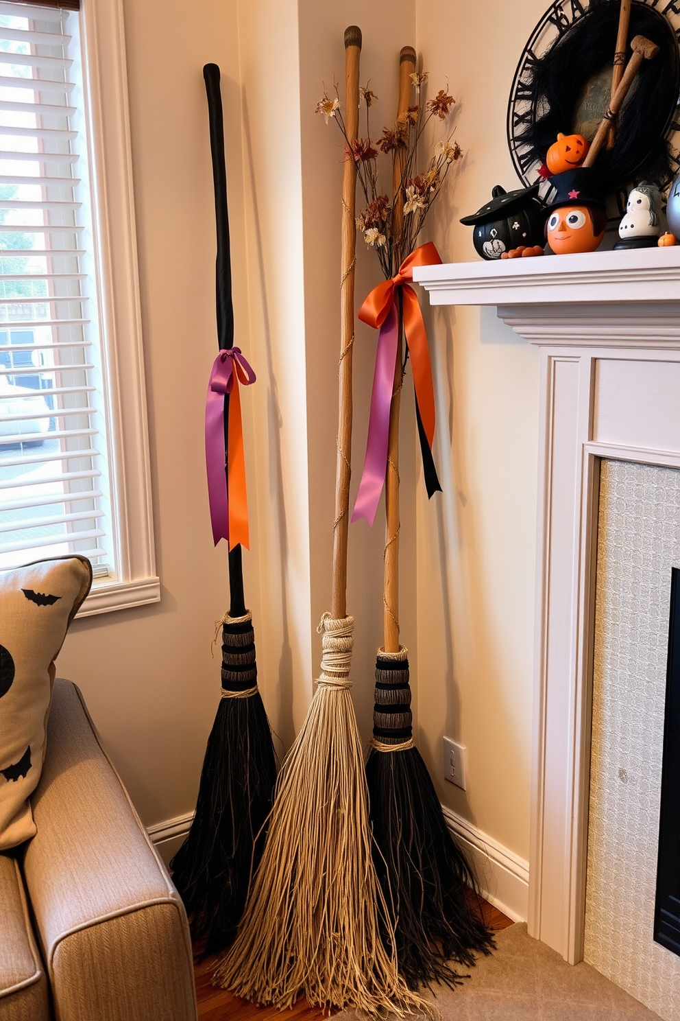 Decorative broomsticks are leaning in the corner of a cozy small living room. The broomsticks are adorned with colorful ribbons and dried flowers, adding a whimsical touch to the Halloween decor.