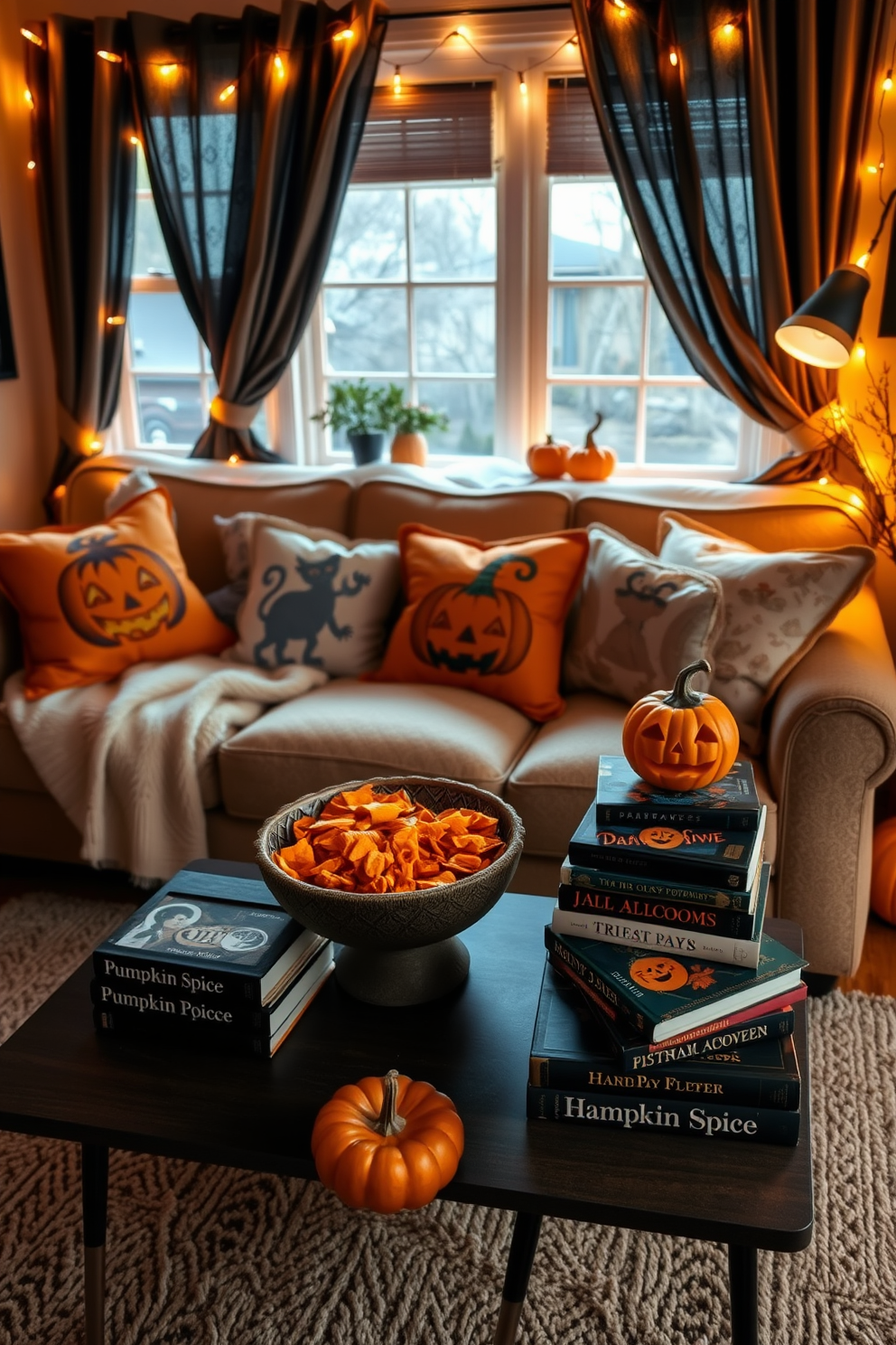 A cozy small living room decorated for Halloween. The space features warm pumpkin spice potpourri in a decorative bowl, surrounded by autumn-themed cushions on a plush sofa. Soft lighting creates an inviting atmosphere, with fairy lights draped around the windows. A small table holds a stack of Halloween-themed books and a carved pumpkin, adding to the seasonal charm.