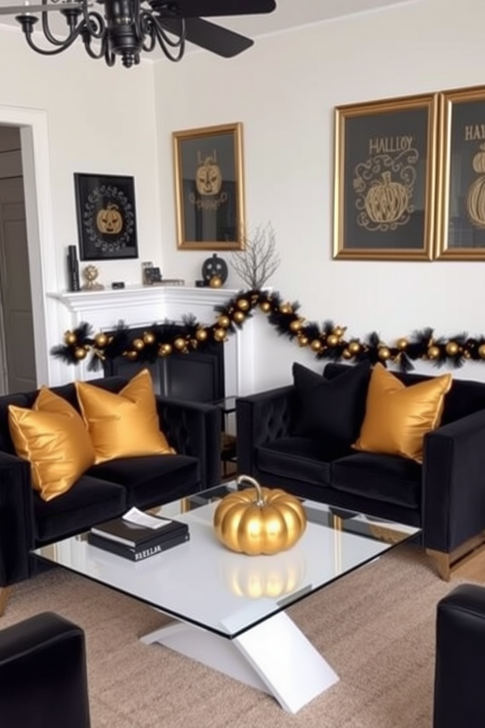 Chic black and gold Halloween accents adorn a small living room, creating an elegant and festive atmosphere. The space features a black velvet sofa with gold throw pillows, complemented by a sleek coffee table adorned with a golden pumpkin centerpiece. A stylish black and gold garland drapes across the mantel, enhancing the seasonal decor. On the walls, framed art pieces with Halloween motifs in gold frames add a touch of sophistication to the overall design.