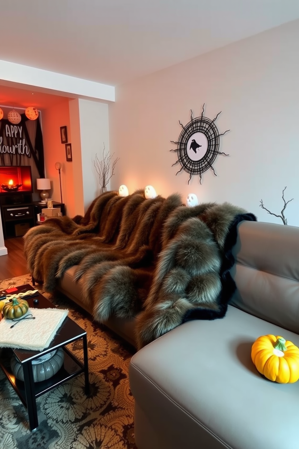 A cozy small living room adorned with faux fur throws draped over a sleek modern sofa. The space features warm lighting and seasonal Halloween decorations, including subtle pumpkin accents and ghostly motifs.