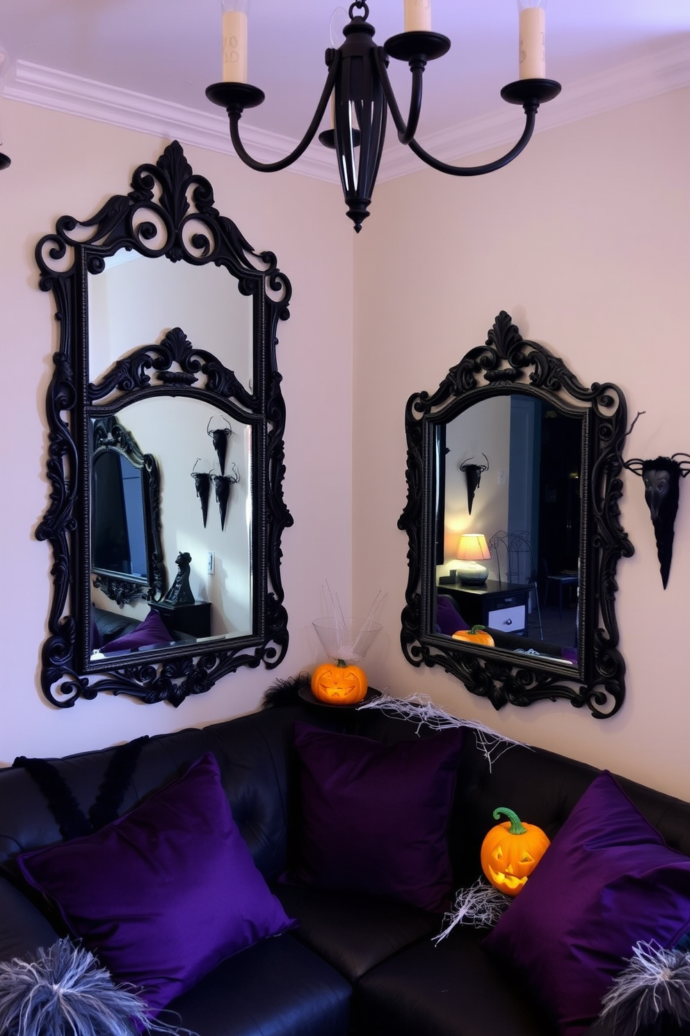 A small living room with gothic style mirrors that create a dramatic effect. The mirrors are intricately designed with dark wood frames and ornate details, reflecting the ambient lighting in the room. The space is decorated for Halloween, featuring a cozy seating arrangement with plush cushions in deep shades of purple and black. Spooky decorations like carved pumpkins and cobwebs add a festive touch to the overall gothic aesthetic.