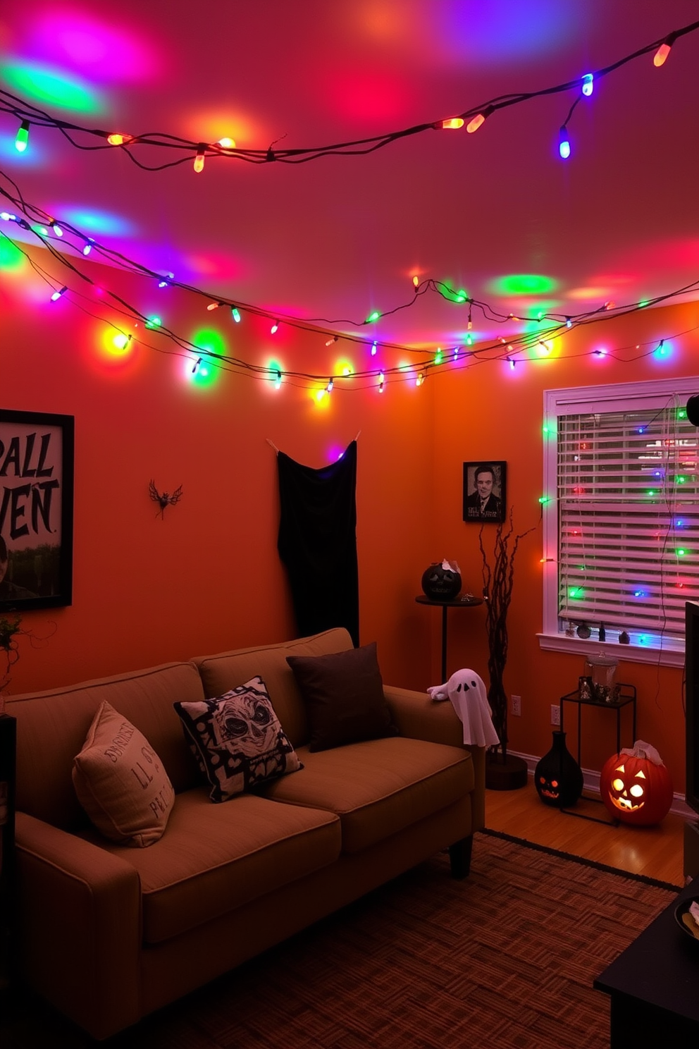 A cozy small living room adorned with colorful string lights that create a festive glow for Halloween. The walls are painted in warm tones, and a stylish sofa is complemented by seasonal decorations like pumpkins and ghostly accents.