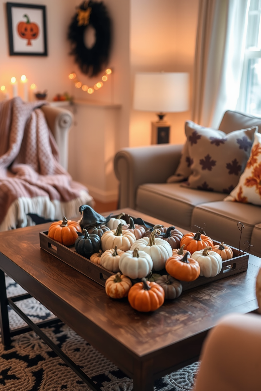 A cozy small living room decorated for Halloween features a coffee table adorned with an array of miniature pumpkins in various sizes and colors. Soft, warm lighting creates an inviting atmosphere, while a plush throw blanket drapes over the arm of a comfortable sofa.