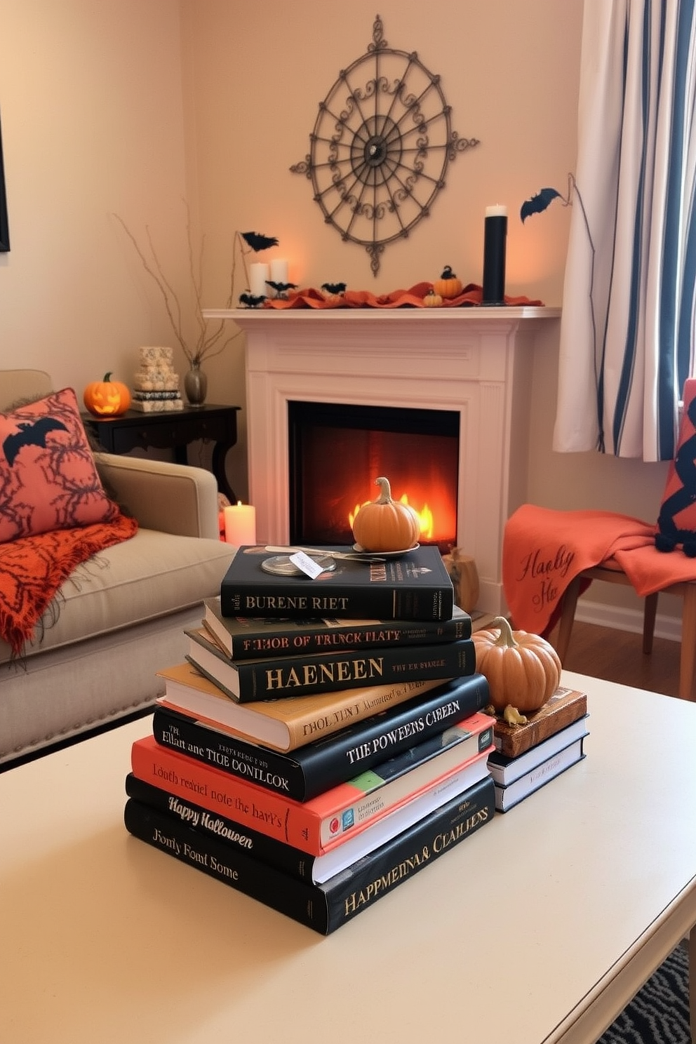 A cozy small living room decorated for Halloween features a coffee table with seasonal books stacked neatly. The warm ambiance is enhanced by orange and black accents, with soft lighting creating a welcoming atmosphere.