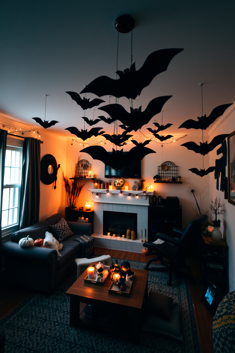 A cozy small living room adorned for Halloween features hanging bat decorations from the ceiling. The space is illuminated by soft lighting, creating an inviting atmosphere with seasonal accents throughout.