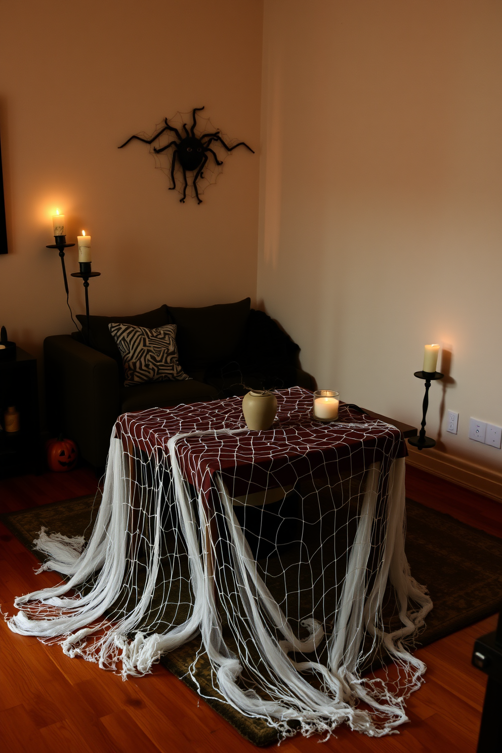 A small living room is adorned with a webbed tablecloth draping over a rustic wooden coffee table. Flickering candles cast shadows on the walls, enhancing the eerie ambiance of the Halloween decor.