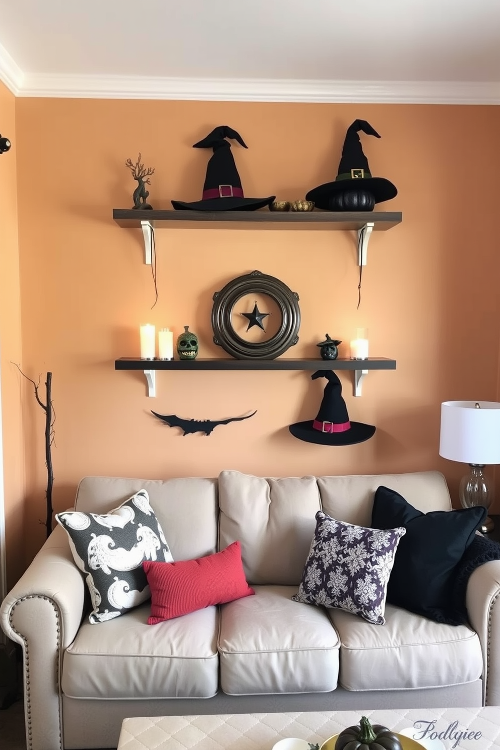 A cozy small living room decorated for Halloween features shelves adorned with whimsical witch hat accents. The walls are painted in a warm, inviting color, and soft lighting creates an enchanting atmosphere perfect for the season.