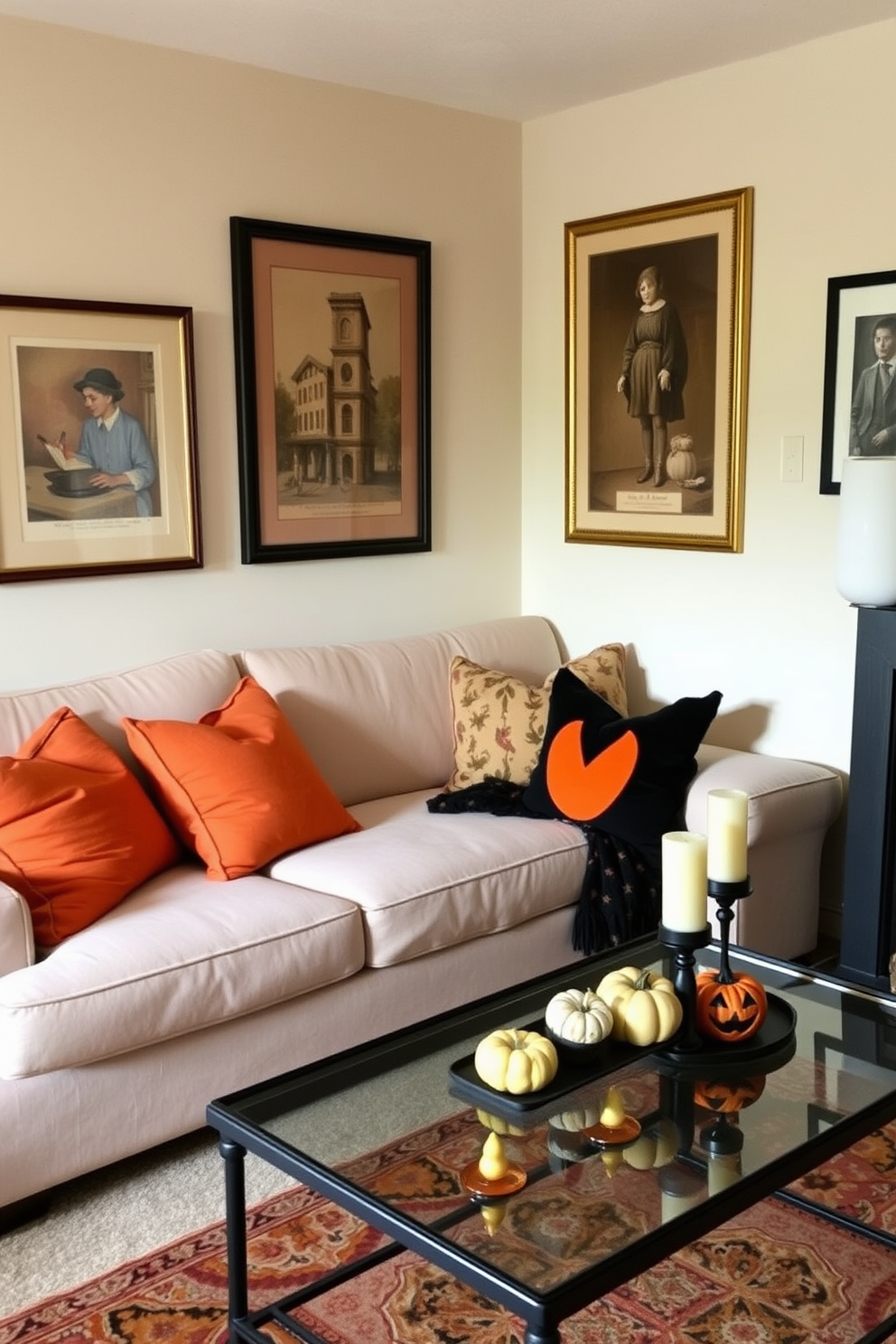 A cozy small living room decorated for Halloween features framed vintage art prints hanging on the walls. The space is adorned with orange and black throw pillows on a plush sofa, and a small coffee table is set with seasonal decor like miniature pumpkins and candles.