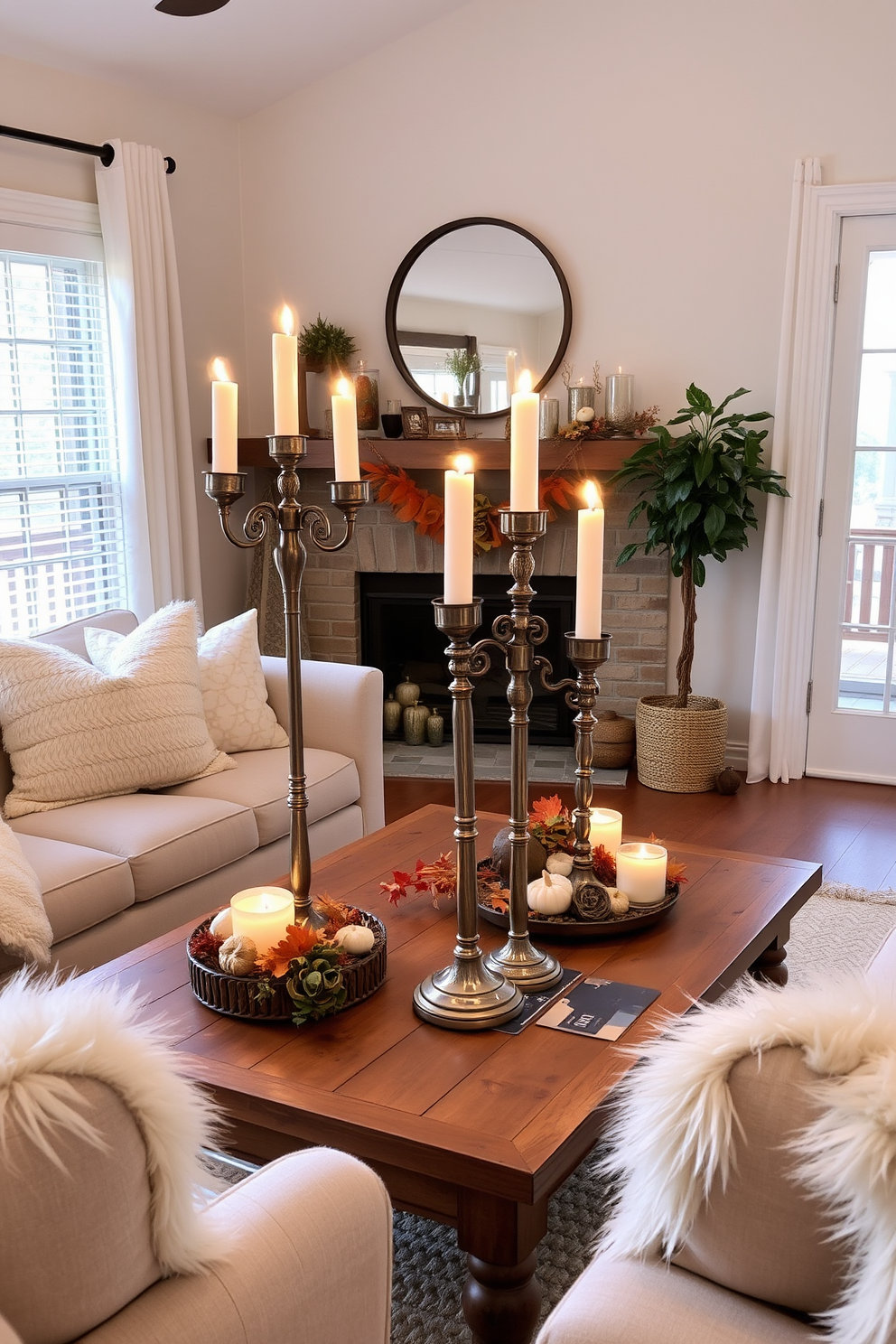 A cozy small living room adorned with decorative candelabras featuring LED candles. The candelabras are placed on a rustic wooden coffee table surrounded by plush seating and autumn-themed decor.