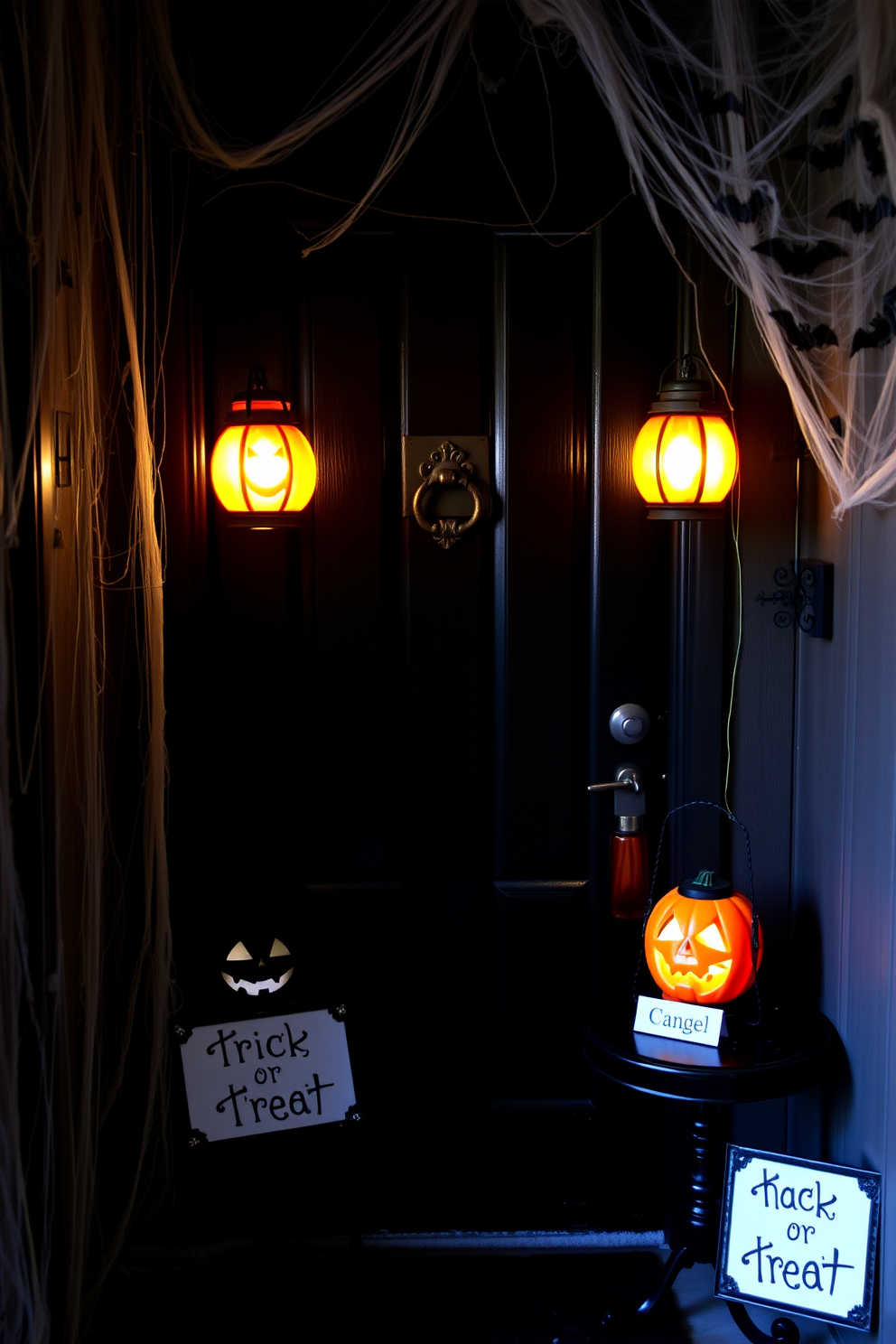 Create a spooky entryway featuring a dark wooden door adorned with a vintage wrought iron knocker. Flanking the door are two carved pumpkin lanterns that emit a soft, eerie glow. The walls are decorated with cobwebs and hanging bats, creating an unsettling atmosphere. A small table is placed against one wall, topped with a bowl of candy and a sign that reads 