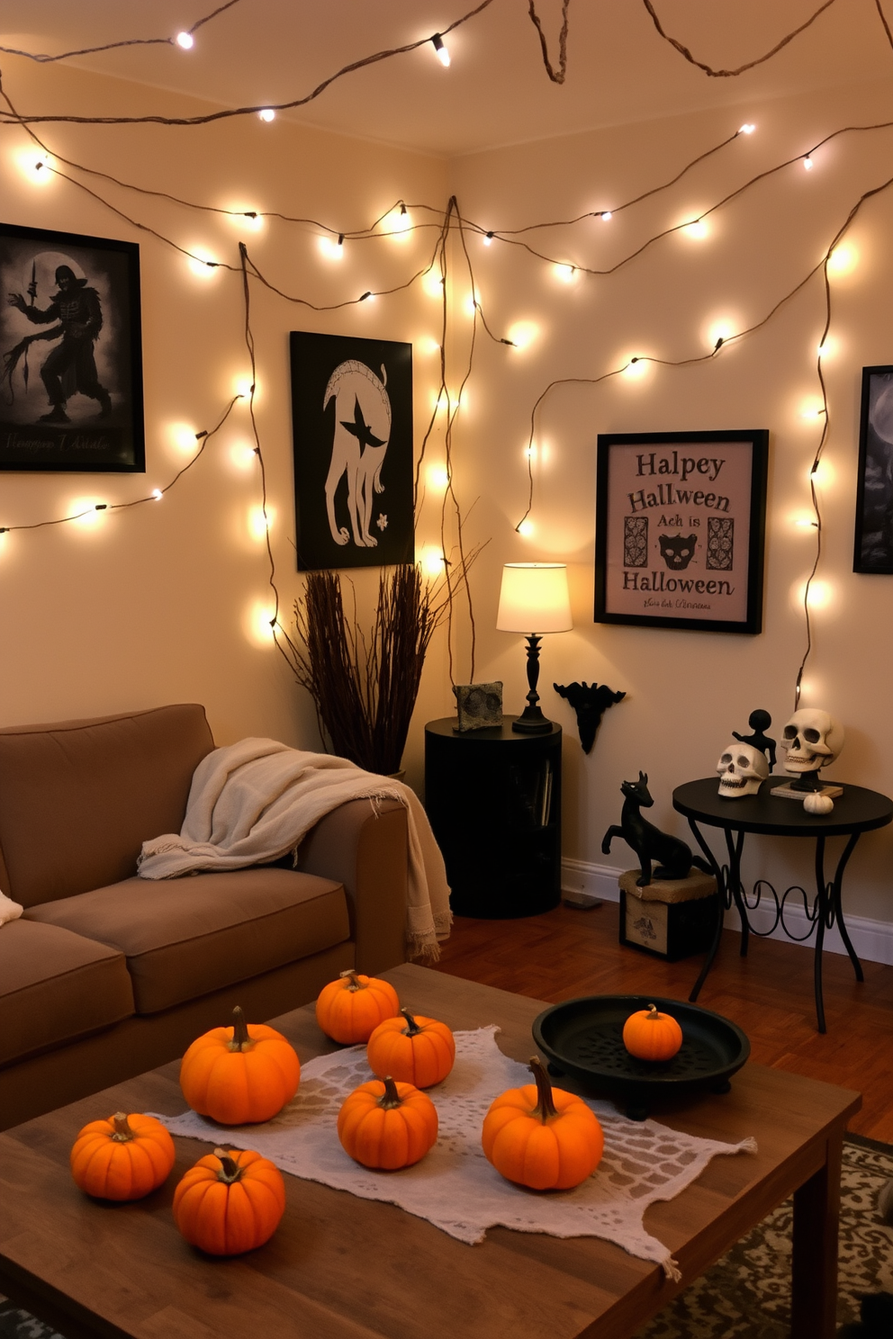 A cozy living room decorated for Halloween features string lights casting a haunted glow throughout the space. The walls are adorned with spooky artwork, and small pumpkins are scattered across the coffee table, creating a festive atmosphere. In one corner, a plush armchair is draped with a soft blanket, while a decorative skull sits on the side table. The overall ambiance is inviting yet eerie, perfect for a Halloween gathering in a small space.