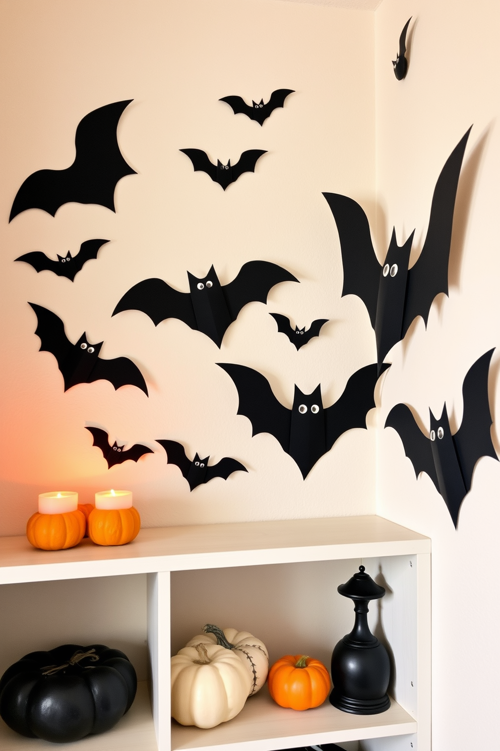 Create a whimsical Halloween atmosphere by crafting DIY bats from black cardstock and hanging them on the walls. Arrange the bats in varying sizes to create a sense of movement and depth in your small space. Incorporate small decorative elements like pumpkins and candles to enhance the festive vibe. Use shelves and corners creatively to maximize space while maintaining an inviting and playful look.