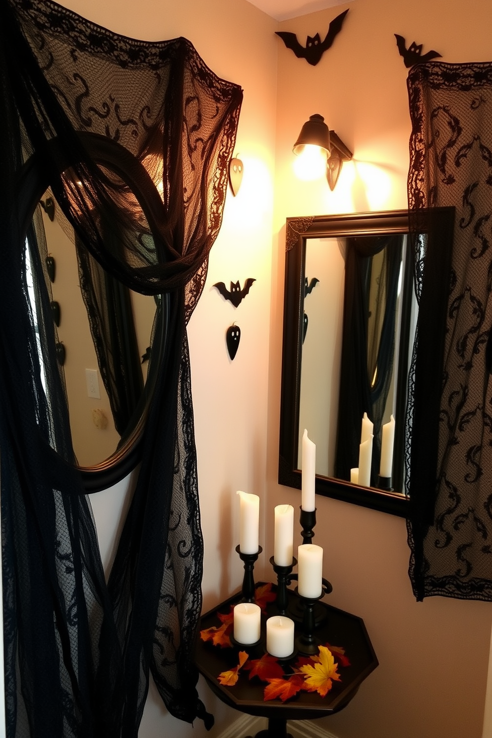 A cozy and inviting small space decorated for Halloween features mirrors draped in spooky black lace fabric that adds an air of mystery. The walls are adorned with subtle pumpkin and ghost motifs, while a small table displays a collection of eerie candles and autumn leaves.