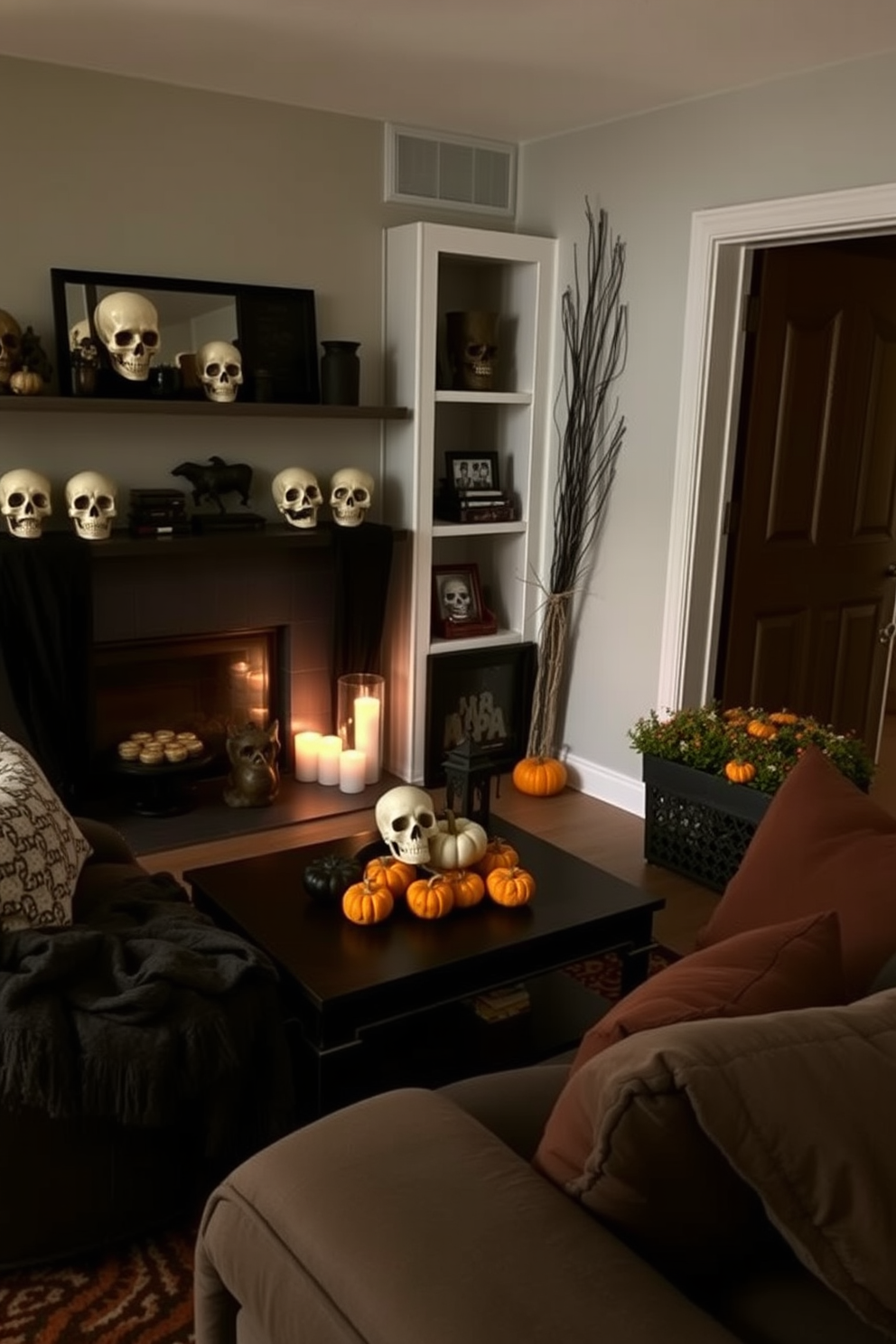 A cozy living room setting for Halloween featuring faux skulls as decorative accents. The skulls are strategically placed on shelves and the coffee table, complemented by dark, moody decor and warm lighting. In the corner, a small pumpkin patch adds a festive touch while maintaining the overall aesthetic. Soft throw blankets and pillows in rich colors enhance the inviting atmosphere of the small space.