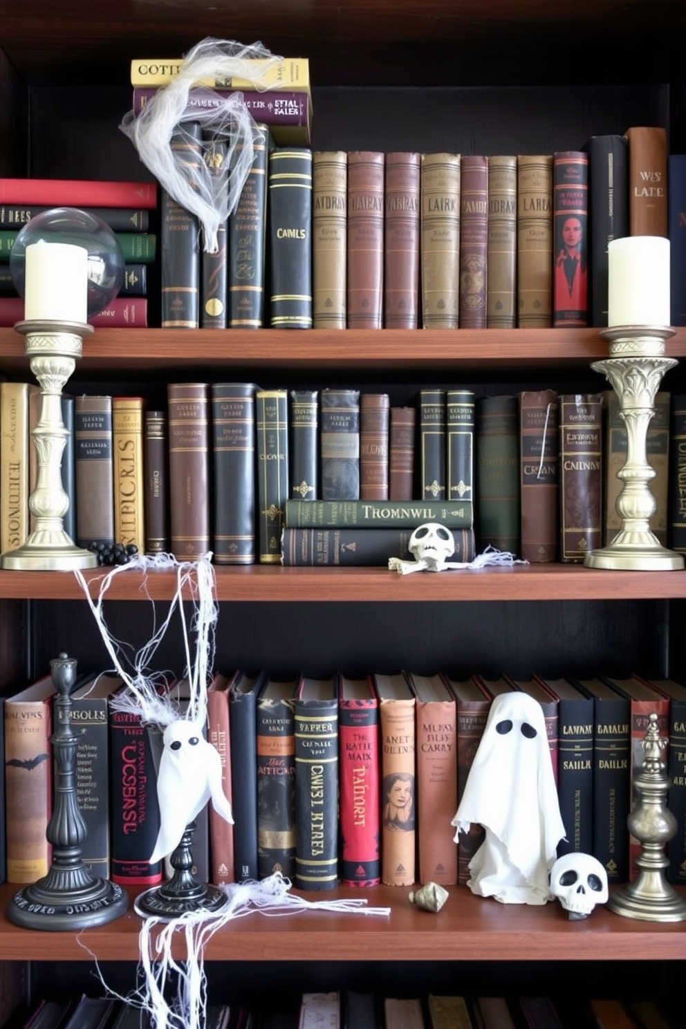 Create a spooky book display on shelves featuring an assortment of eerie novels and ghostly decor. Incorporate vintage candlesticks, cobwebs, and miniature skulls to enhance the Halloween theme while maintaining a cozy small space aesthetic.