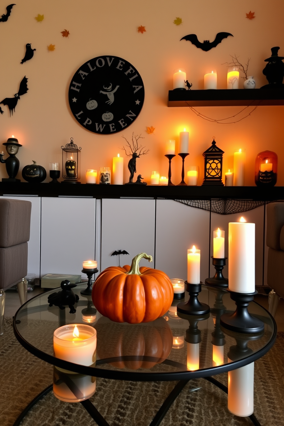 A cozy living room decorated for Halloween. There are various themed candles in different shapes and sizes placed on shelves and the coffee table, creating a warm and spooky ambiance. The walls are adorned with subtle Halloween decorations, such as ghostly silhouettes and autumn leaves. A small, stylish pumpkin is nestled among the candles, adding a festive touch to the small space.