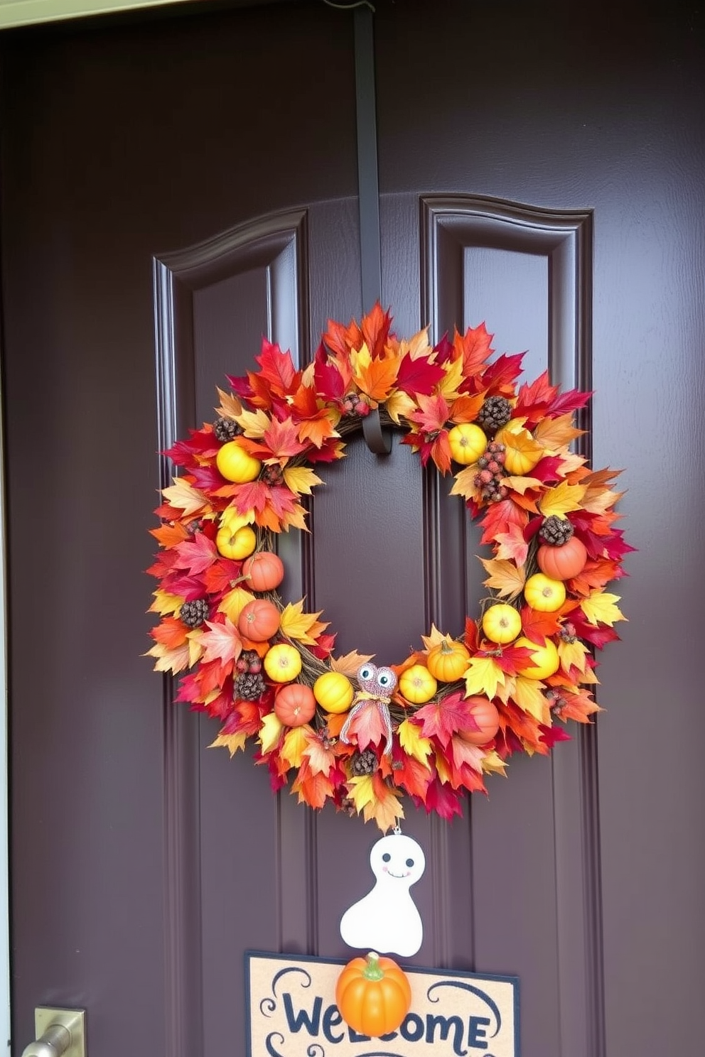 A charming front door adorned with a festive Halloween wreath made of colorful autumn leaves and miniature pumpkins. The entryway is enhanced with small decorative elements like a cute ghost figure and a welcome mat featuring a spooky design, creating a warm yet playful atmosphere for the holiday.