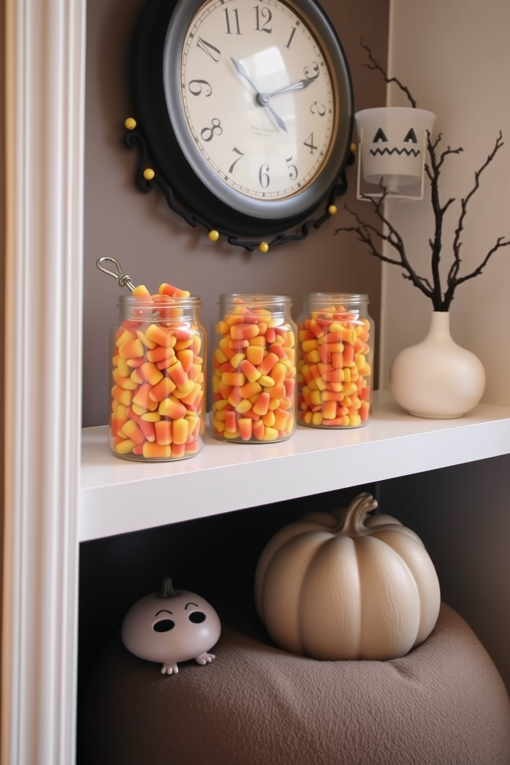 A charming small space decorated for Halloween features decorative jars filled with vibrant candy corn displayed on a sleek shelf. The warm autumn colors of the candy contrast beautifully with the neutral backdrop, creating a festive yet sophisticated atmosphere.