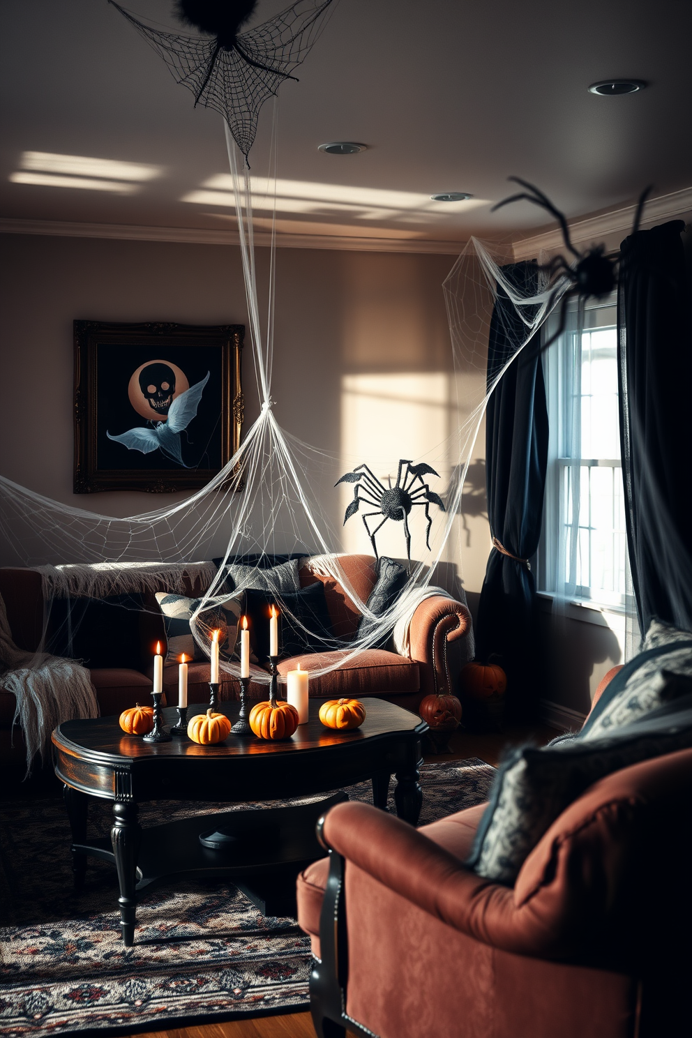 A cozy living room decorated for Halloween. Soft lighting casts shadows on the walls while spider webs drape elegantly across the vintage furniture. Small pumpkins are placed on the coffee table alongside flickering candles. A spooky yet charming atmosphere is created with dark, rich colors and playful Halloween accents.