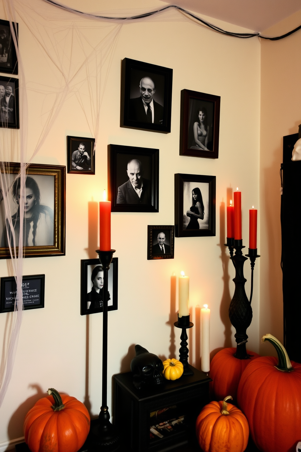 A spooky photo gallery adorns the walls, featuring eerie black and white images in mismatched frames. Cobwebs drape from the corners, and flickering candles cast shadows that enhance the haunting atmosphere. Small space decorating ideas are incorporated with clever use of vertical storage and minimalist decor. Pumpkins of various sizes are strategically placed to add a festive touch without overwhelming the limited space.