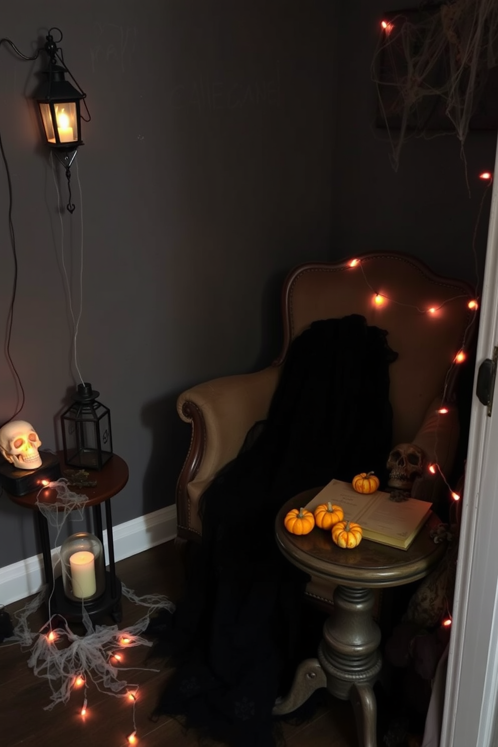 Create a haunted corner featuring a vintage armchair draped with a tattered black shawl. Surround the chair with eerie props such as a flickering lantern, scattered faux cobwebs, and a small, weathered table holding a cracked skull. Incorporate dim lighting to enhance the spooky atmosphere, using a string of orange fairy lights to add a subtle glow. Place a few small pumpkins and a dusty book of spells on the table to complete the Halloween theme.