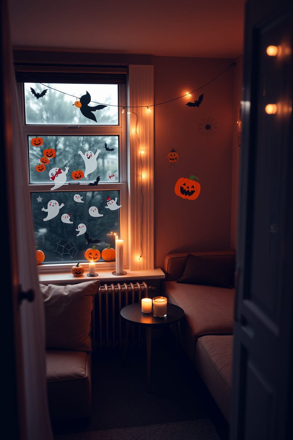 A cozy small living space adorned with Halloween stickers on the windows. The decorations include playful ghosts, pumpkins, and bats that create a festive atmosphere while maintaining the room's charm. The furniture is arranged to maximize space, featuring a compact sofa and a small coffee table. Soft lighting enhances the Halloween theme, with candles and string lights adding a warm glow to the setting.