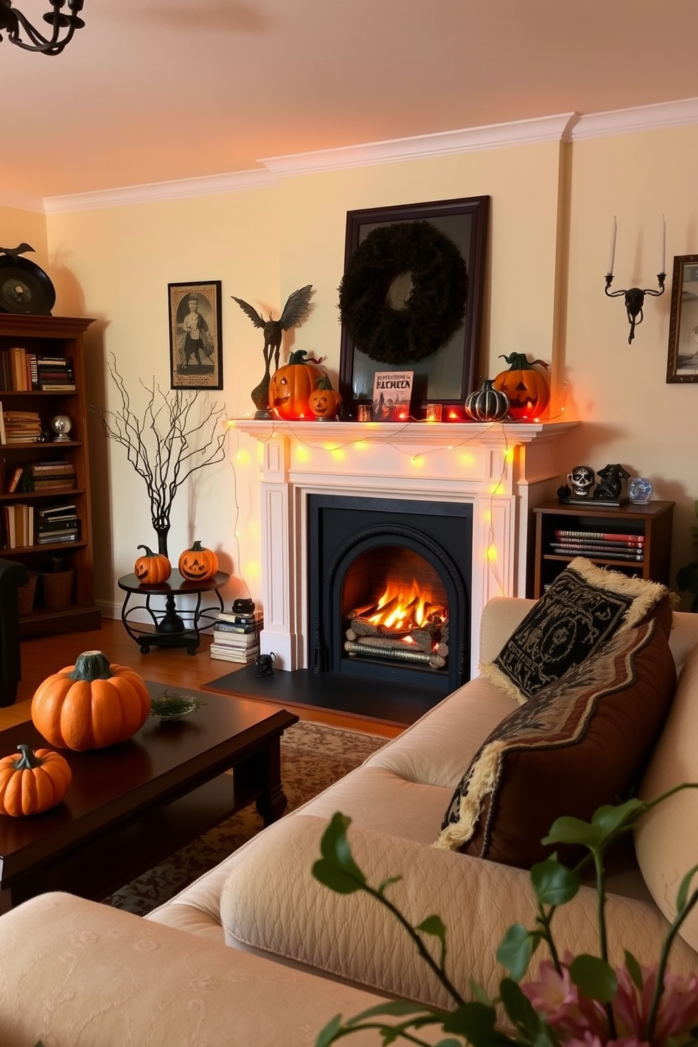 A cozy living room adorned with vintage Halloween decorations. There are antique jack-o-lanterns on the coffee table, and a string of orange fairy lights drapes across the mantelpiece. The walls are painted in a warm cream color, creating a welcoming atmosphere. A small bookshelf in the corner displays classic horror novels and spooky figurines, enhancing the festive charm.