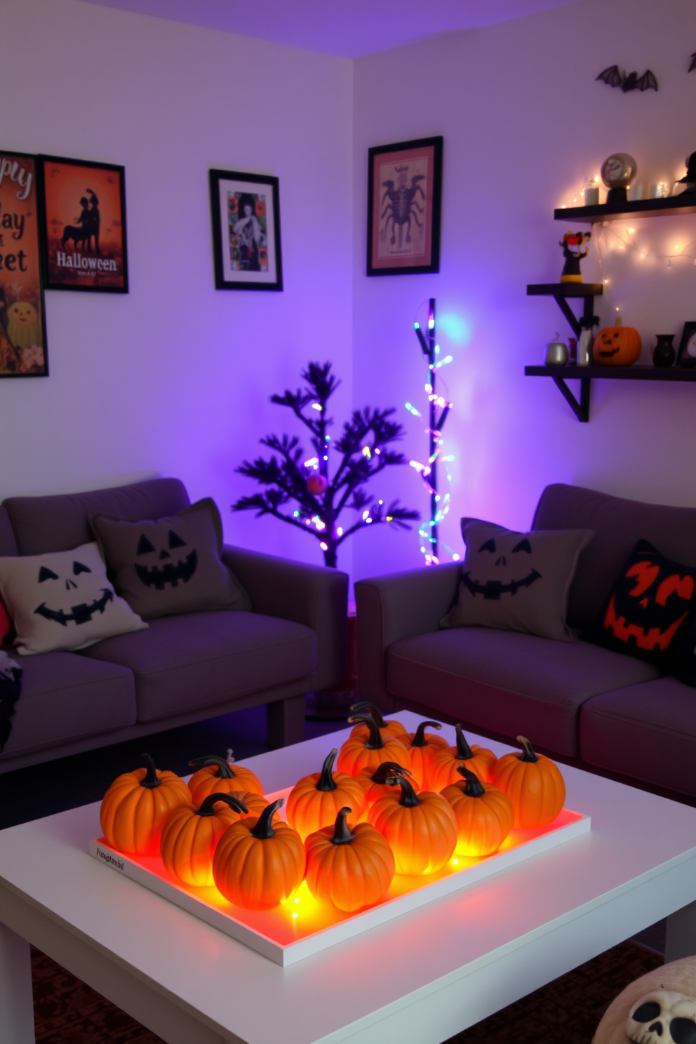 A cozy living room decorated for Halloween features a small pumpkin patch on a coffee table illuminated by soft orange and purple lights. The walls are adorned with spooky artwork and the shelves are filled with festive decorations, creating a cheerful yet eerie atmosphere. In the corner, a small tree is wrapped in colorful string lights, complementing the overall festive ambiance. Plush throw pillows with Halloween motifs are scattered across the couch, inviting guests to relax and enjoy the seasonal decor.