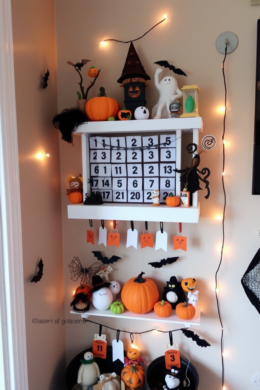 Create a whimsical Halloween countdown calendar display that features a variety of festive decorations. Incorporate elements like miniature pumpkins, ghosts, and bats to enhance the spooky atmosphere in a small space. Utilize a tiered shelf or wall-mounted display to maximize vertical space while showcasing the countdown calendar. Add string lights to create a warm glow and highlight the decorations, making the space feel inviting yet festive.