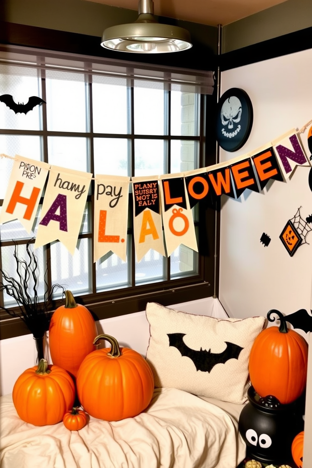 A cozy small space decorated for Halloween features a fabric banner hanging across the wall, adorned with playful Halloween sayings in vibrant colors. The space is accentuated with pumpkins and spooky decor elements, creating a festive atmosphere that embraces the spirit of the holiday.