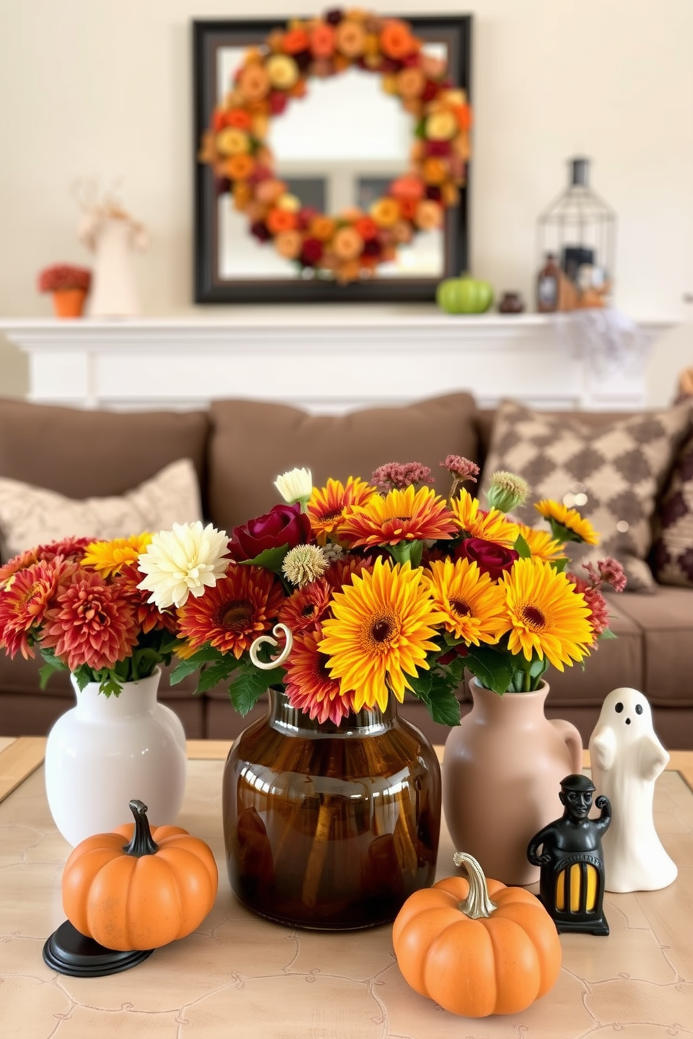 Create a cozy living room setting that embraces the spirit of autumn. Incorporate vibrant floral arrangements in vases filled with seasonal blooms such as chrysanthemums and sunflowers. Add subtle Halloween decorations like small pumpkins and ghost figurines placed strategically around the room. Ensure the space feels warm and inviting, utilizing rich earth tones and soft lighting to enhance the seasonal theme.