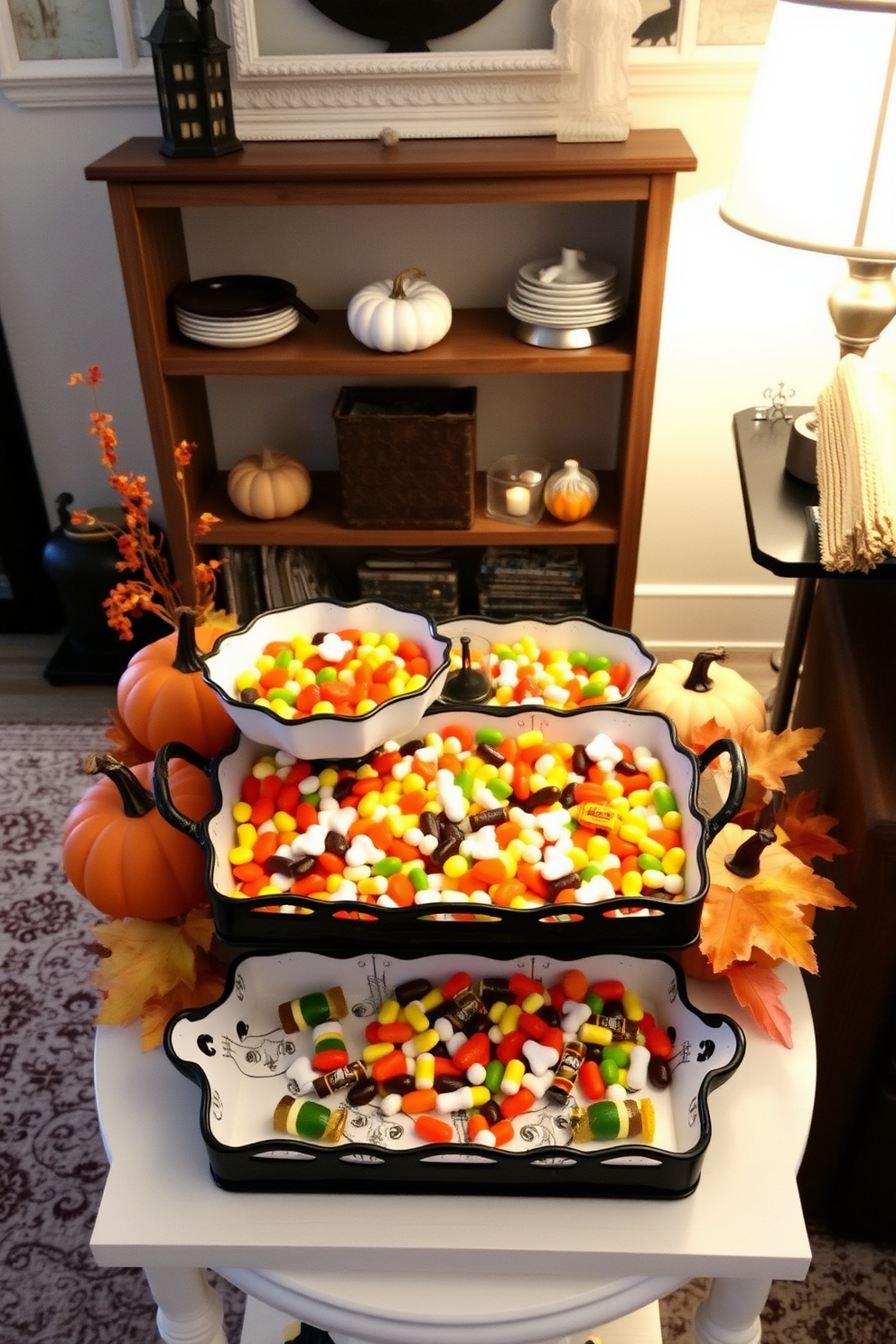 A charming Halloween-themed display featuring decorative trays filled with an assortment of colorful candies. The trays are arranged on a small table, surrounded by festive decorations like pumpkins and autumn leaves to enhance the seasonal ambiance. In a cozy living area, utilize stylish decorative trays to organize candy treats while maximizing limited space. The trays add an elegant touch, making the candy display both functional and visually appealing in a compact setting.