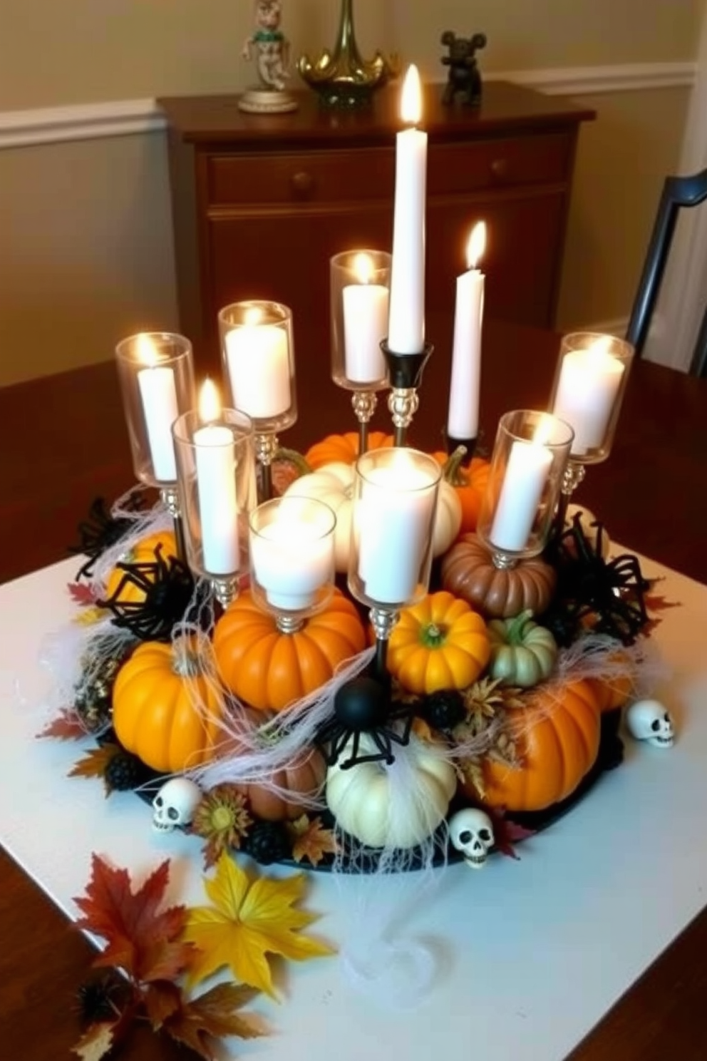 A whimsical Halloween-themed centerpiece for a dining table. The arrangement includes a mix of miniature pumpkins in various colors and sizes, surrounded by flickering LED candles in glass holders. Draped around the base are strands of faux spider webs, adding a playful touch. To enhance the theme, incorporate small decorative skulls and autumn leaves for a seasonal flair.