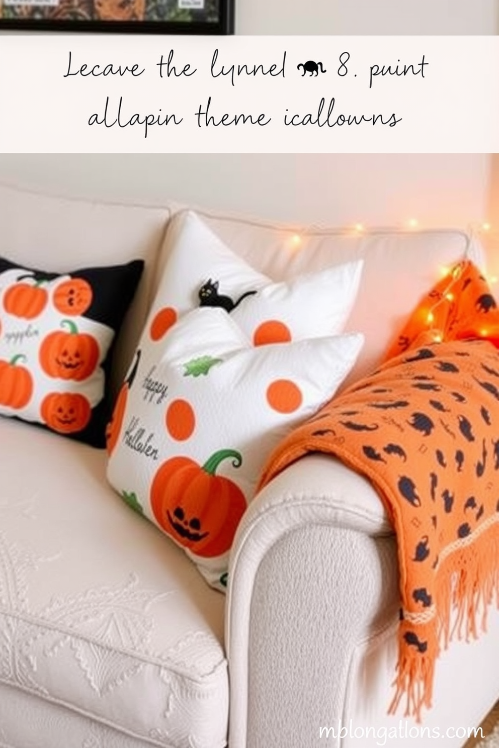 Create a cozy living room setting that embraces the spirit of Halloween. Replace regular cushions on the sofa with cushions featuring playful Halloween prints like pumpkins, ghosts, and witches. Incorporate small decorative elements such as a black cat figurine and a string of orange fairy lights. Add a festive throw blanket draped over the arm of the couch to enhance the Halloween atmosphere.