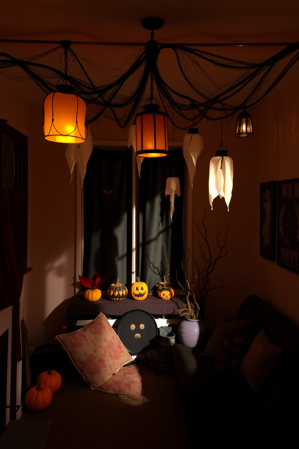 A cozy small living area decorated for Halloween features ghostly lanterns hanging from the ceiling, casting eerie shadows on the walls. The space is adorned with subtle autumn colors, including deep oranges and muted purples, creating a warm yet spooky atmosphere.