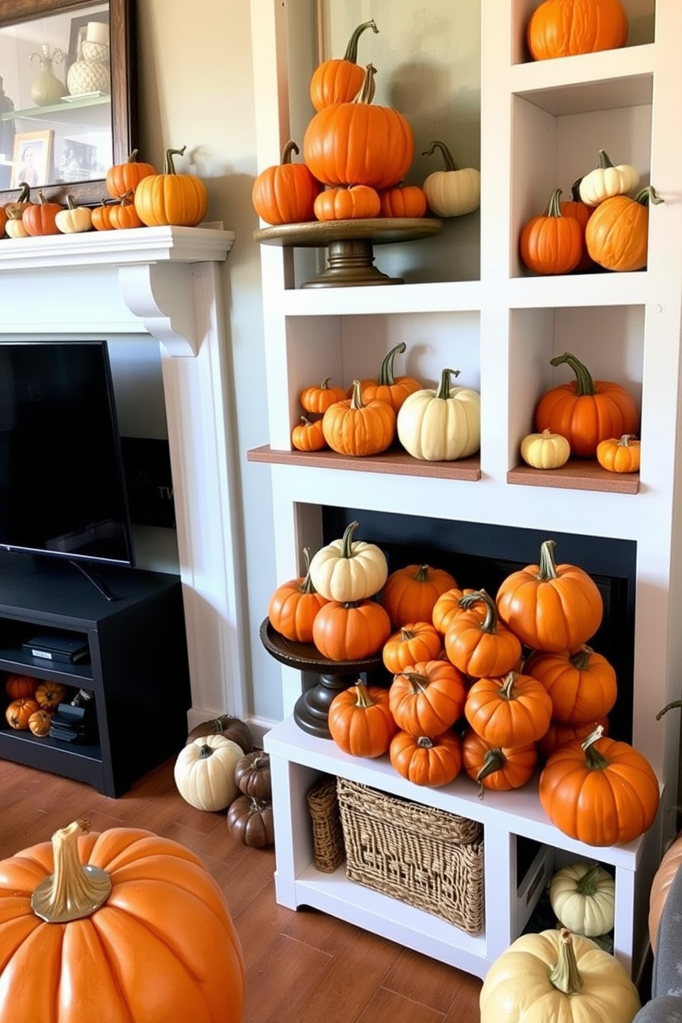 Display mini pumpkins on various shelves in a cozy living room setting. Arrange them in clusters of different sizes and colors to create a festive and inviting atmosphere for Halloween.