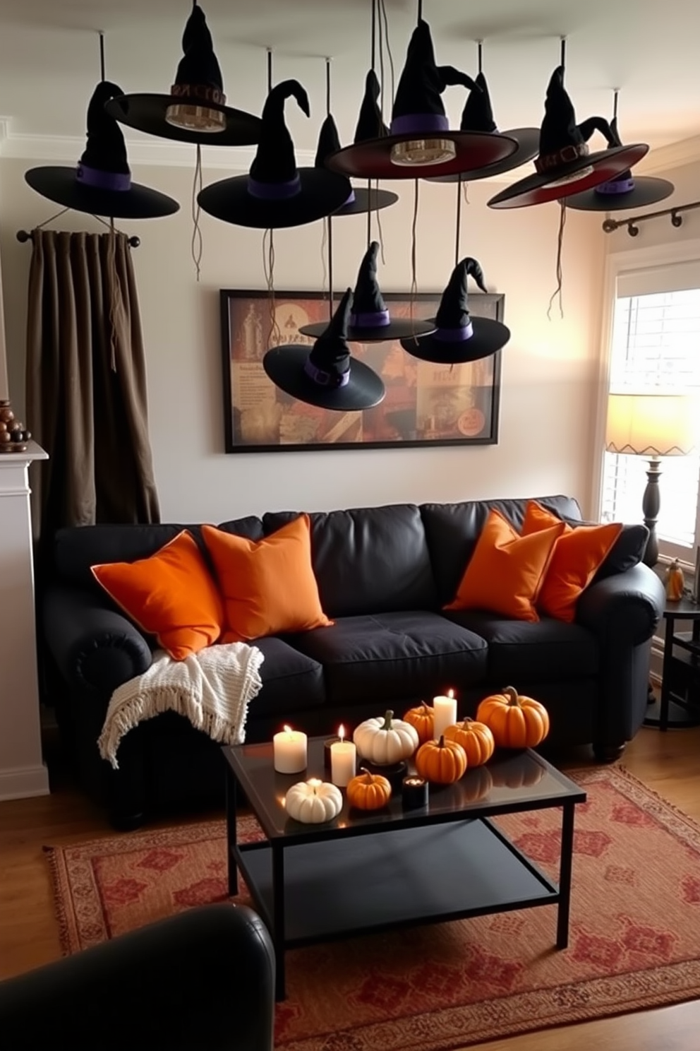 A cozy living room adorned with Halloween spirit. Witch hats are creatively hung from the ceiling, adding a whimsical touch to the small space. Soft orange and purple throw pillows contrast against a dark sofa. A small coffee table is decorated with miniature pumpkins and flickering candles to enhance the festive atmosphere.