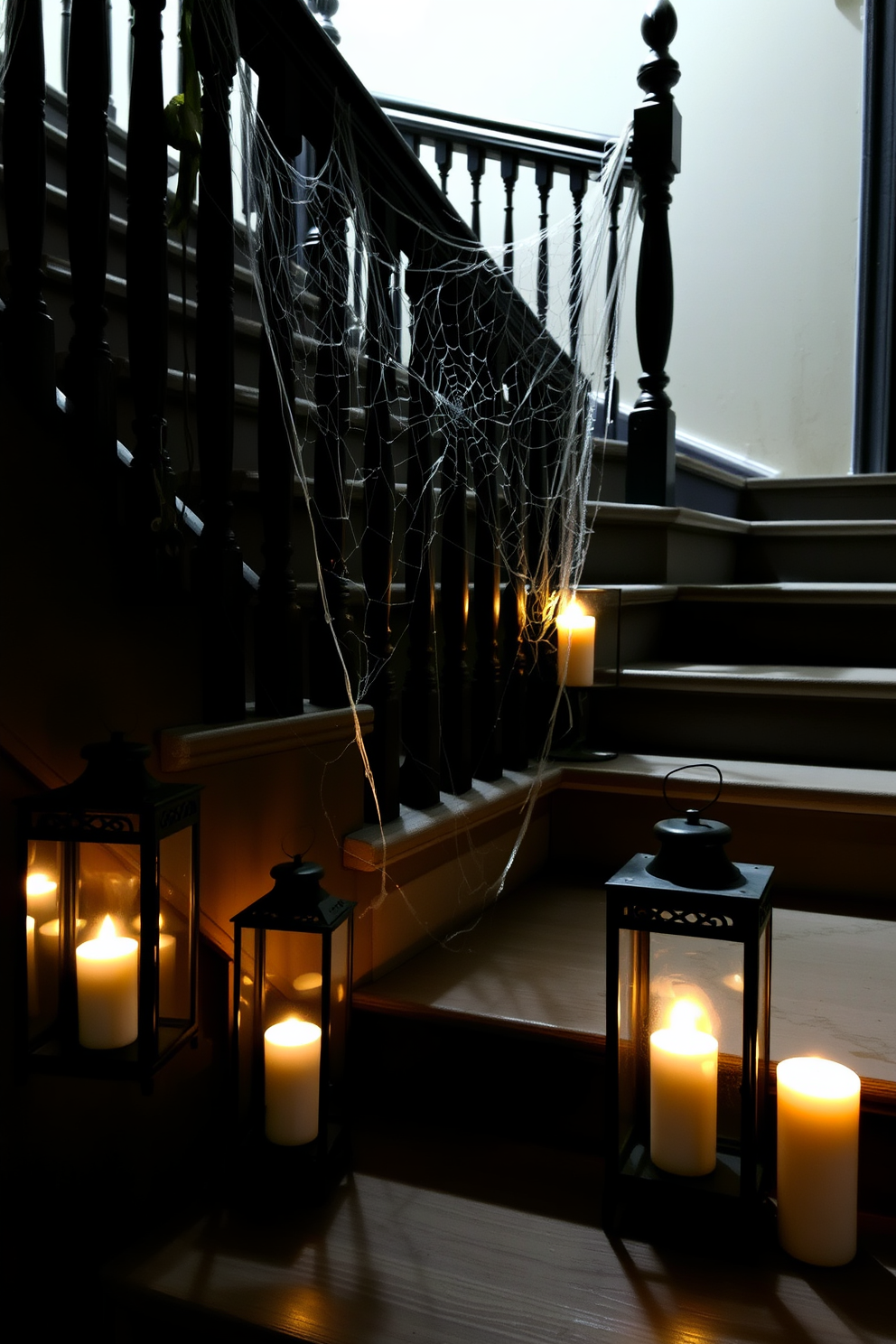 A spooky staircase adorned with a delicate spider web draped over the railing creates an eerie atmosphere for Halloween. Flickering candles in lanterns line the steps, casting shadows that enhance the haunting ambiance.