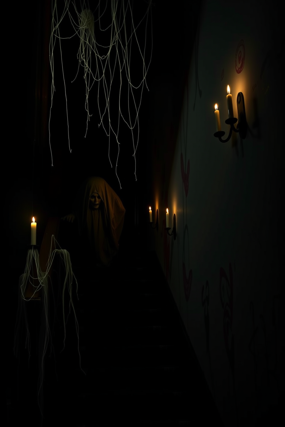 Ghoulish figures lurk in the shadows of a dimly lit staircase. Cobwebs drape from the banister while flickering candles cast eerie shadows on the walls.