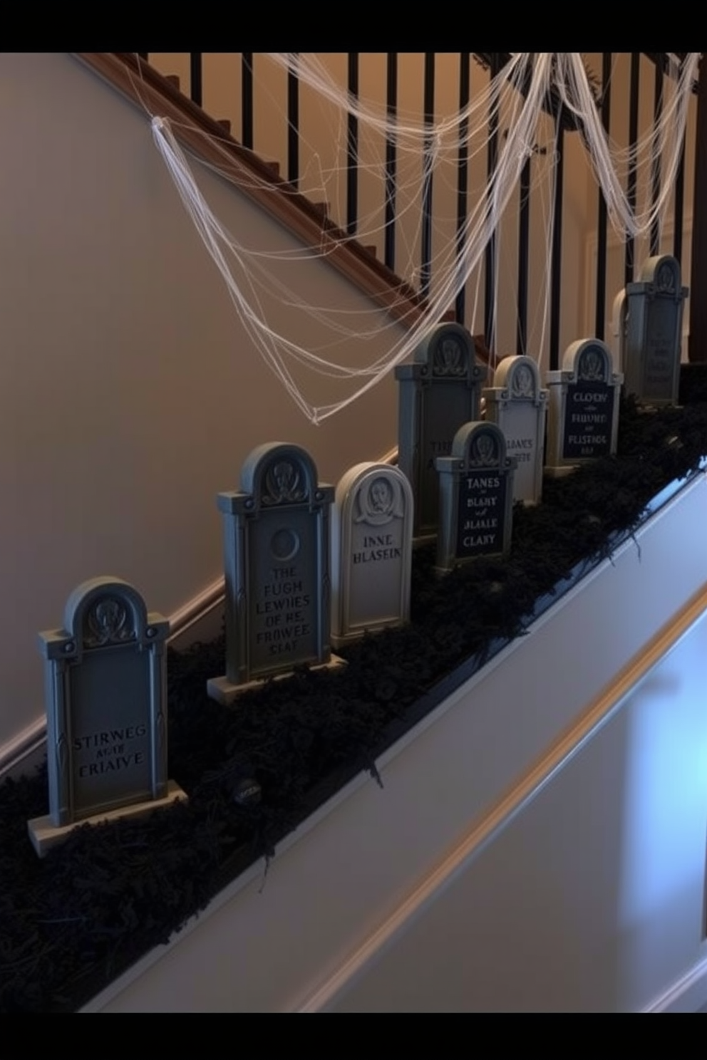 Faux gravestones are artfully arranged along the staircase, creating an eerie yet festive atmosphere for Halloween. Each gravestone features intricate carvings and varying heights, adding depth and dimension to the spooky display. Dim lighting highlights the gravestones, casting shadows that enhance the haunting effect. Cobwebs are draped across the staircase railing, completing the chilling decor for a memorable Halloween experience.