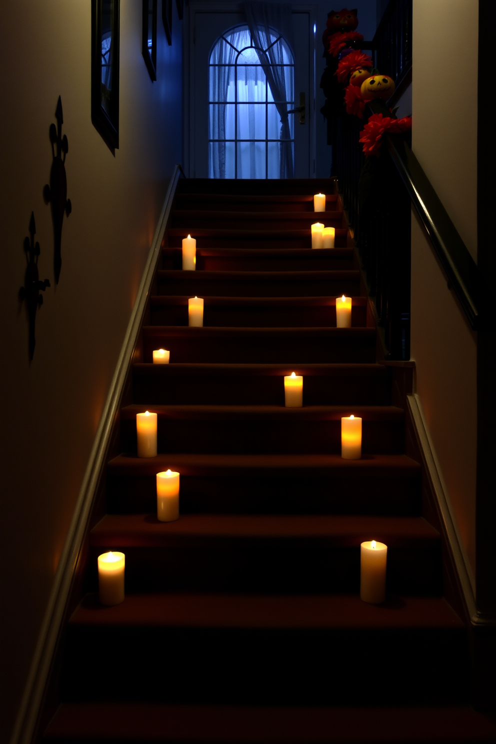 A hauntingly beautiful staircase adorned for Halloween. The steps are lined with flickering candles in various heights, casting eerie shadows, while glowing eyes peek out from the darkness beneath the banister.