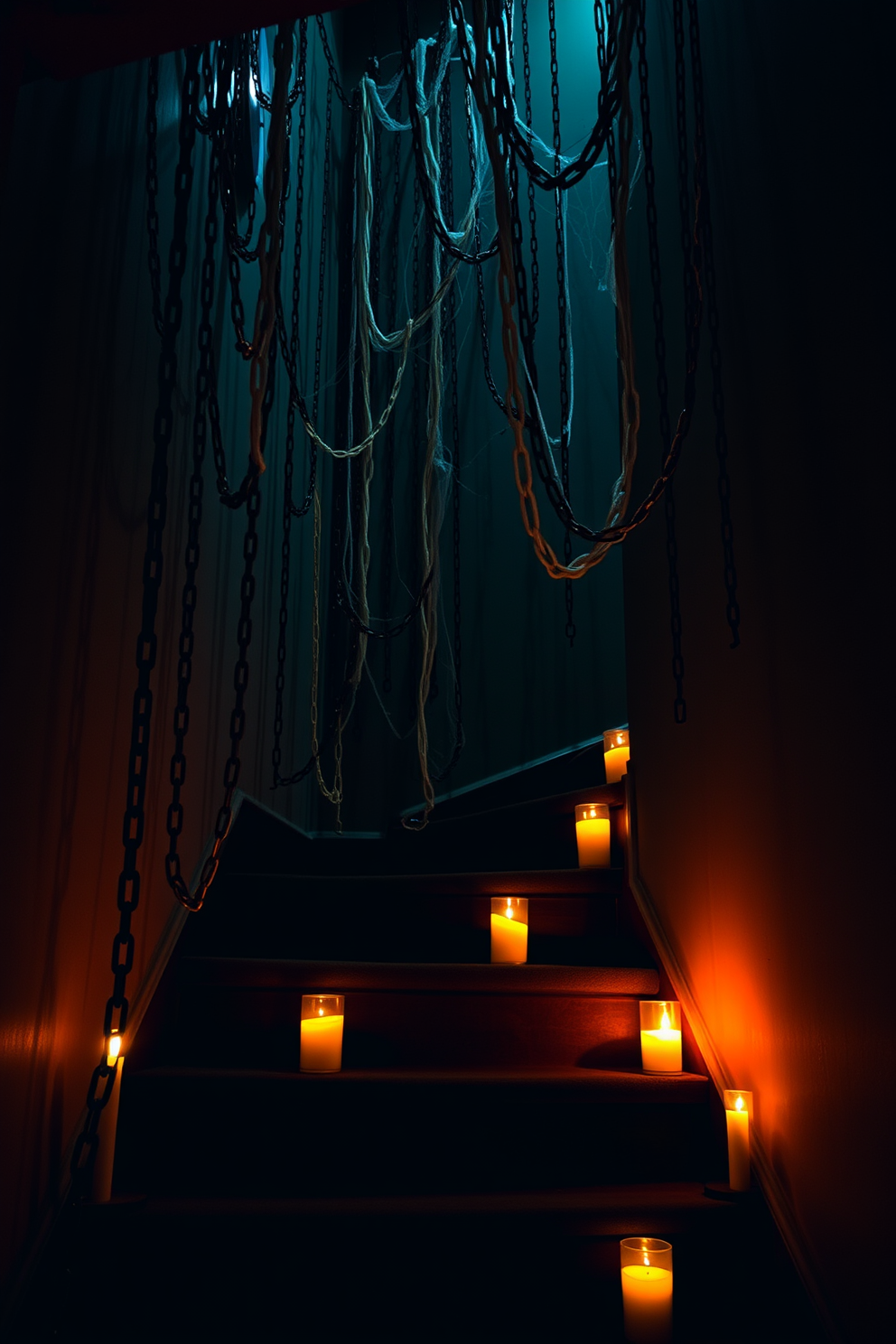 A staircase adorned with eerie hanging chains creates a haunting atmosphere perfect for Halloween. The chains sway gently, casting ominous shadows on the walls, while dim lighting enhances the spooky ambiance. Decorative cobwebs intertwine with the chains, adding to the creepy aesthetic. Flickering candles placed along the steps complete the chilling look, inviting guests into a world of frightful fun.