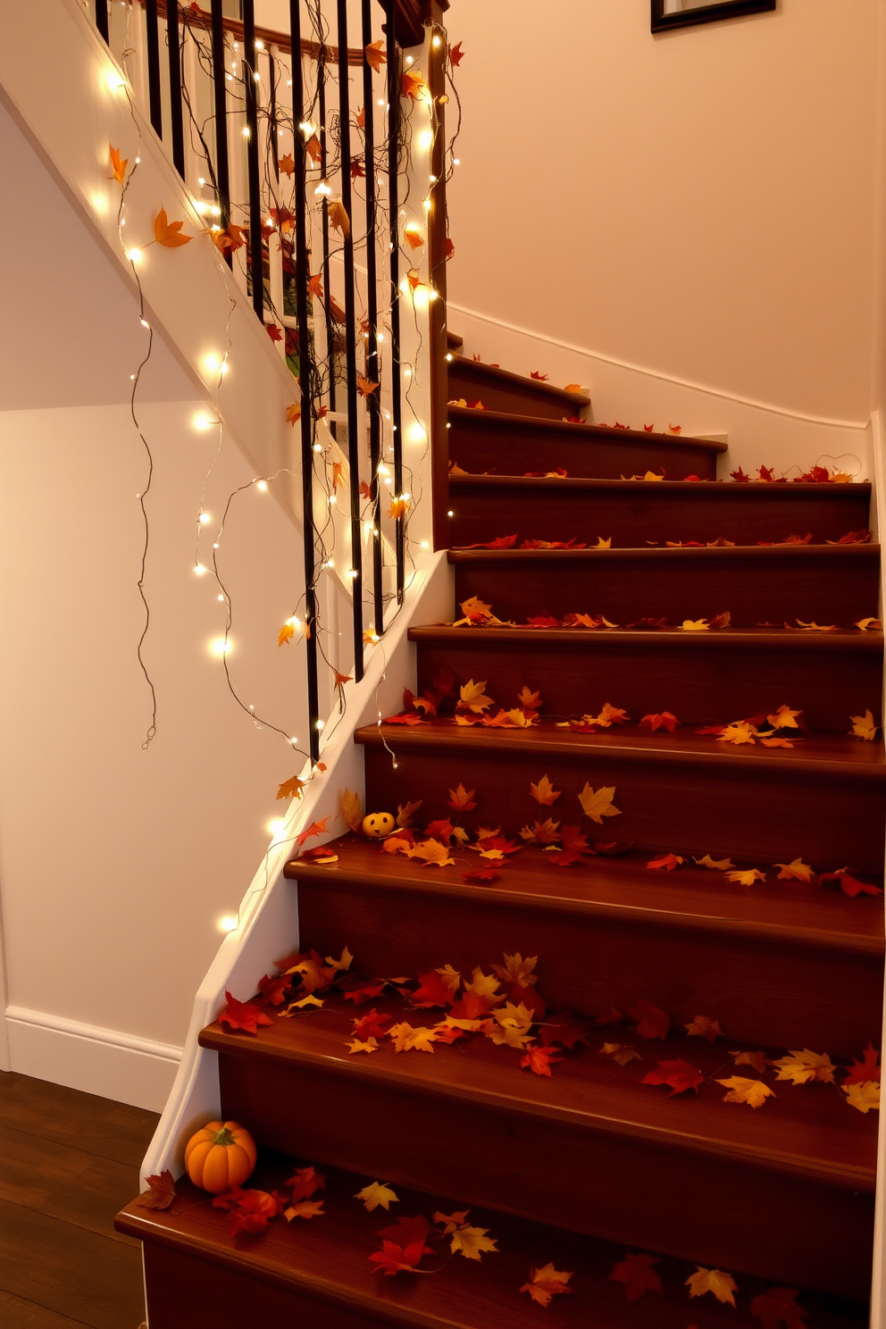 A staircase adorned with colorful autumn leaves scattered across the wooden steps creates a warm and inviting atmosphere. Twinkling fairy lights are draped along the banister, enhancing the festive Halloween spirit.